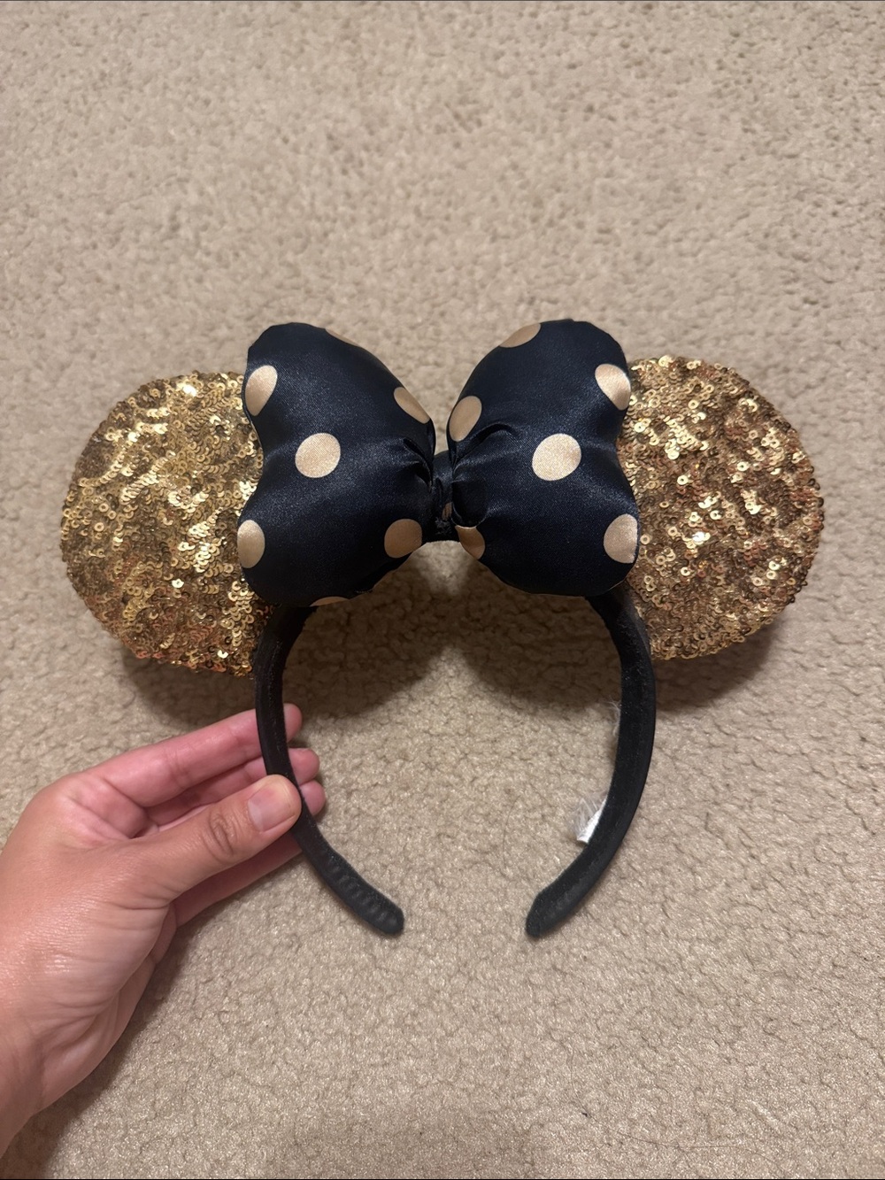 Gold Sequin Minnie Ear Headband with Black Bow